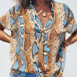 Animal Snake Print Split Neck Blouse blue/brown M